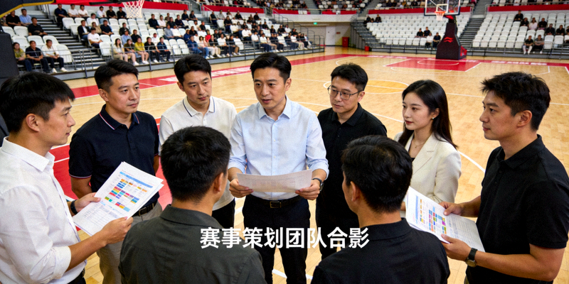 公司团队在体育场馆内讨论赛事策划的合影